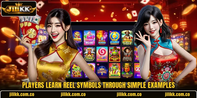 Players learn reel symbols through simple examples Players learn reel symbols through simple examples